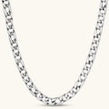 Polished 316L stainless steel Cuban link chain necklace, 9.6mm wide, with Greek key lobster clasp, silver tone.