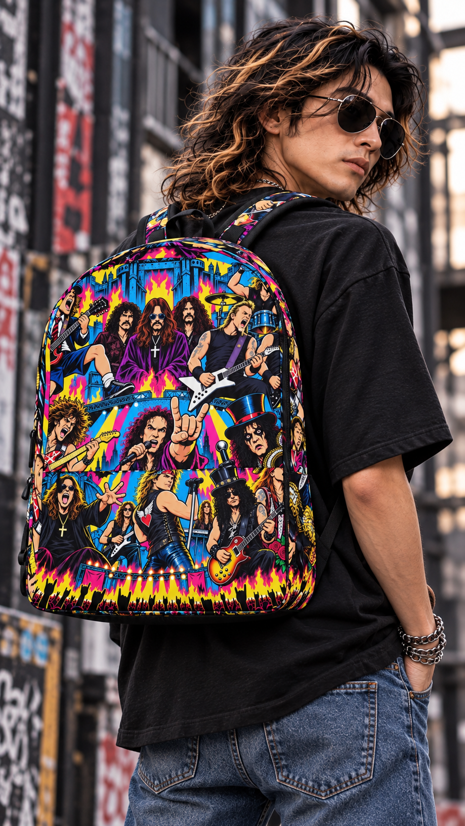 Model wearing the JHC Studio All Star Backpack, rear view showing colorful rock artwork