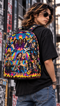 Model wearing the JHC Studio All Star Backpack, rear view showing colorful rock artwork