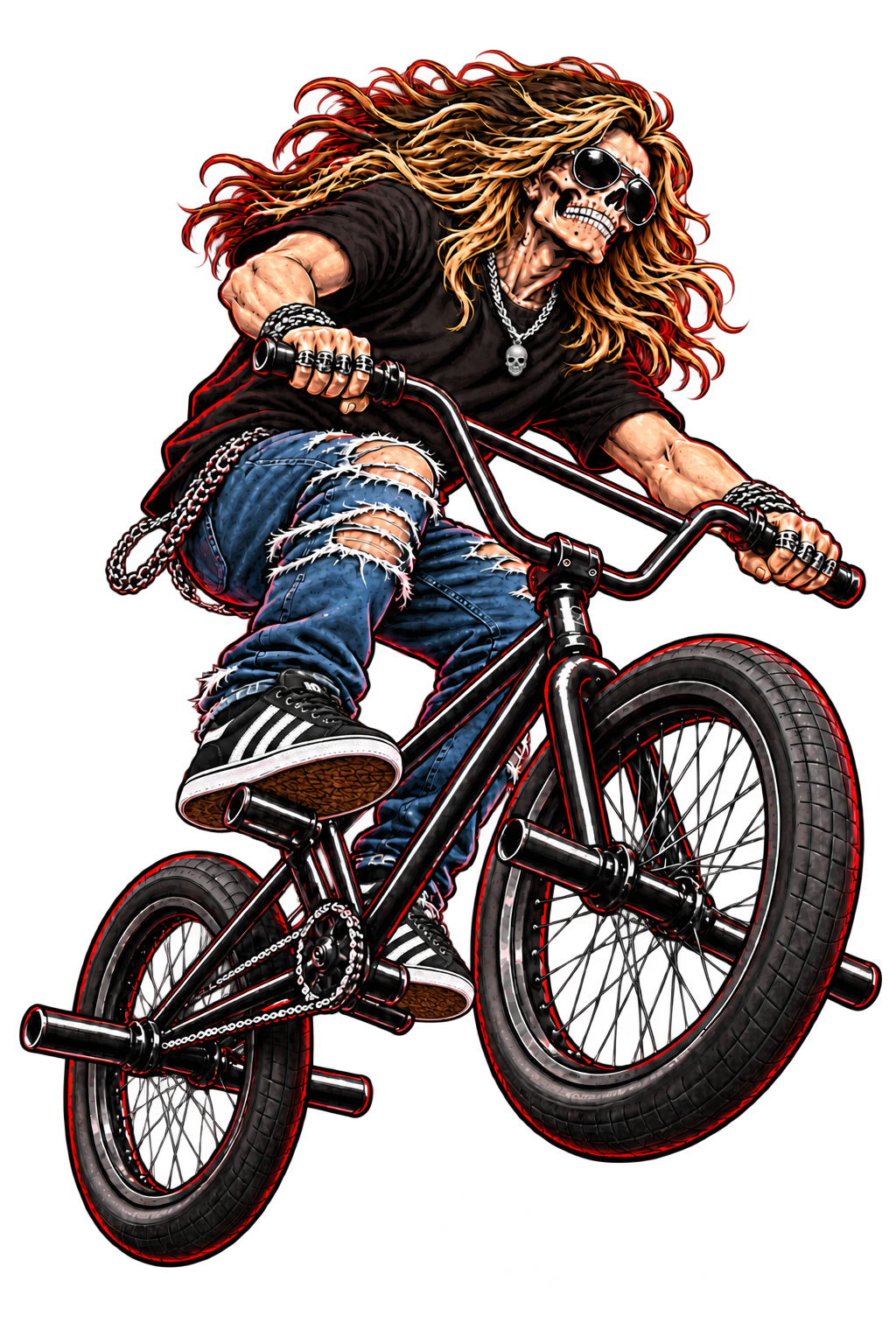 Skull-faced BMX rider with sunglasses, skull pendant and striped sneakers