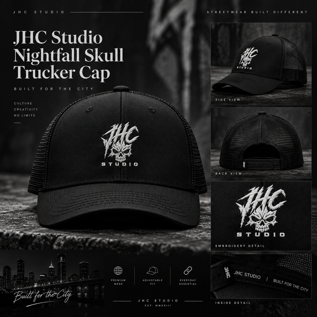 JHC Studio Nightfall Skull Trucker Cap mockup