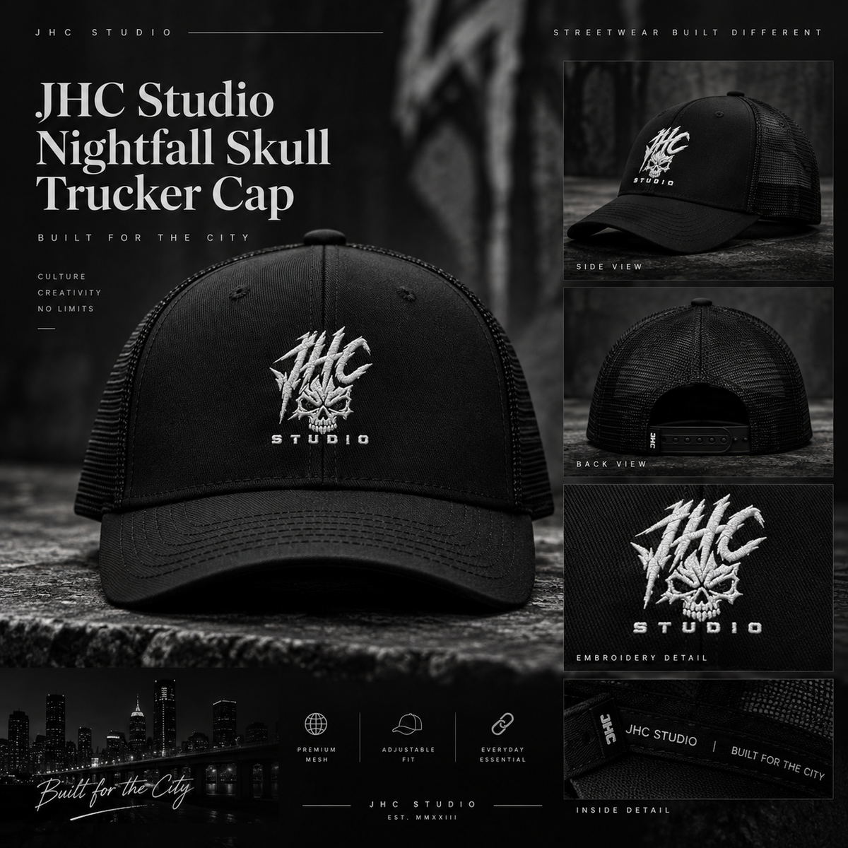 JHC Studio Nightfall Skull Trucker Cap mockup